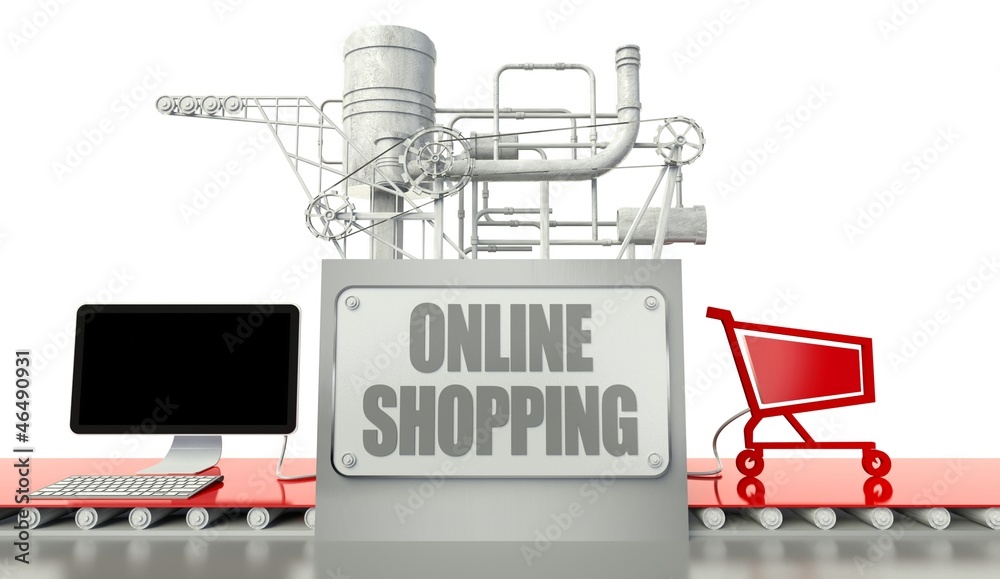 Online shopping concept, computer and cart