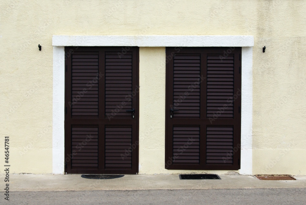 Brown door with shutters in front view