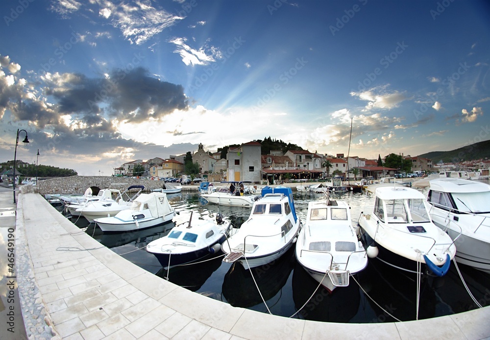 Old harbor or marina and stone houses, Croatia Dalmatia