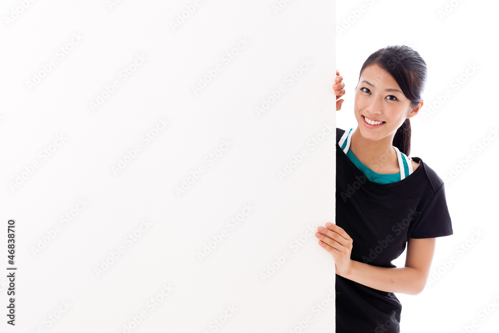 beautiful asian woman with blank whiteboard