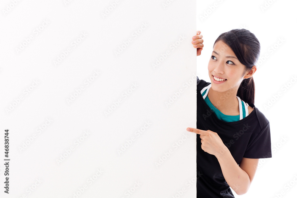 beautiful asian woman with blank whiteboard