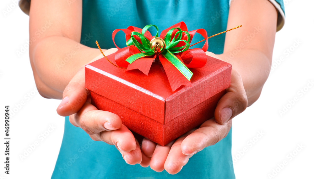 woman smile and hold gift box in hands