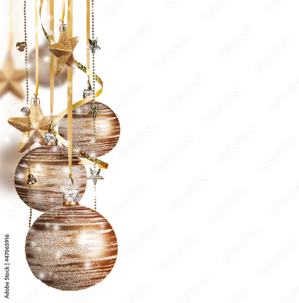 Golden christmas balls isolated on white background