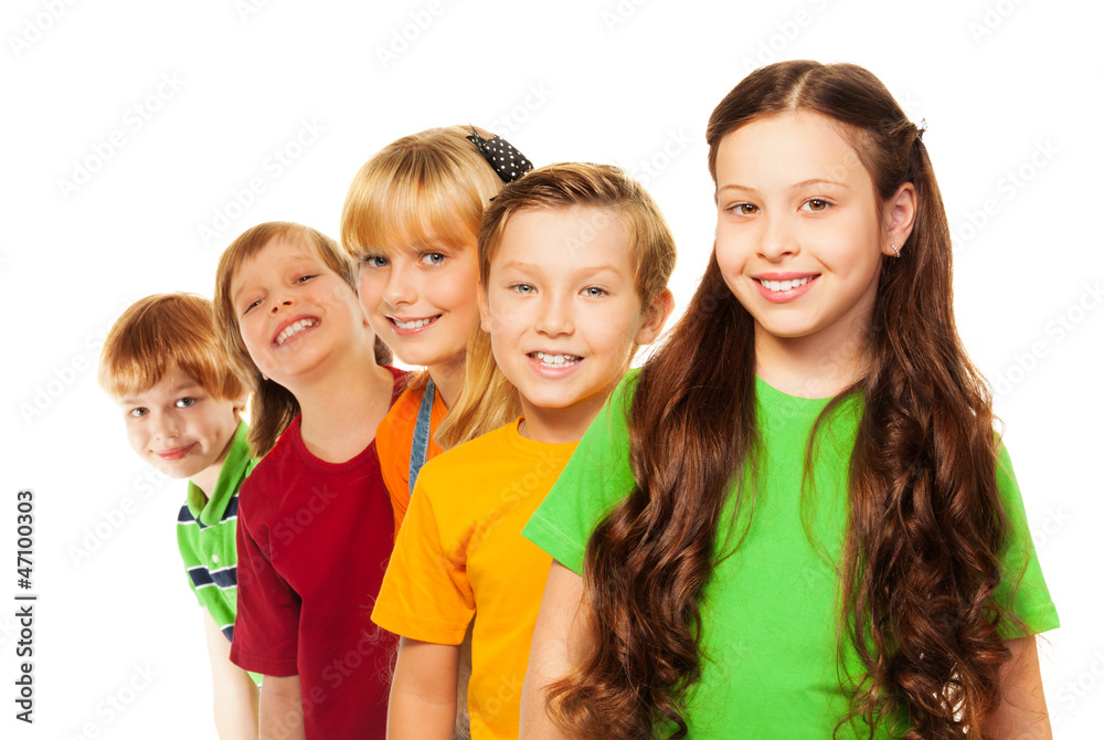 Five happy kids standing in a line