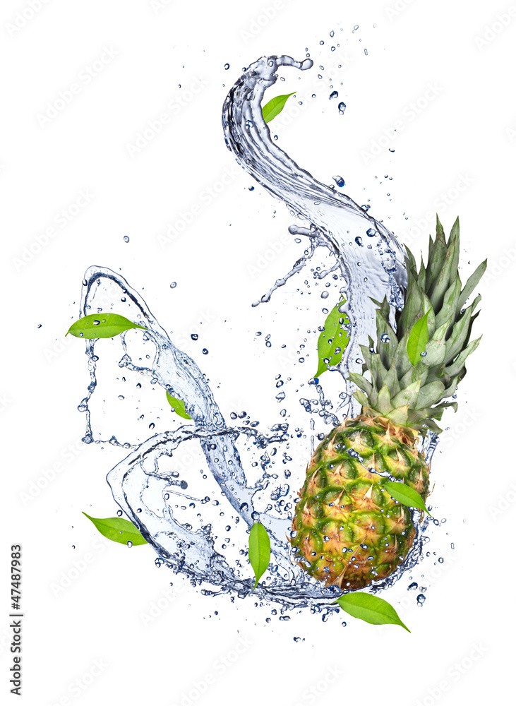 Pine-apple in water splash, isolated on white background