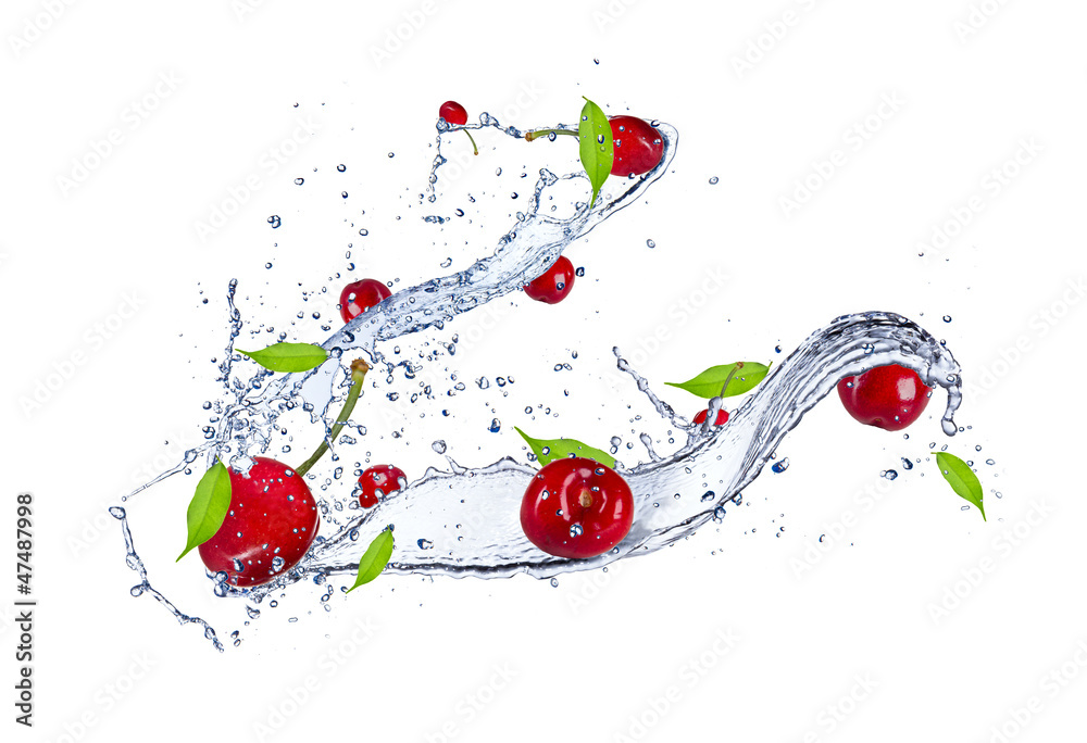 Cherries in water splash, isolated on white background