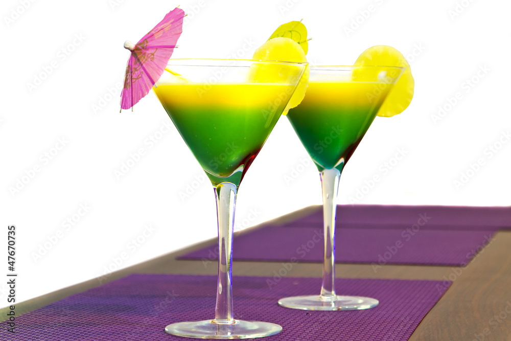 Exotic cocktails in martini glasses