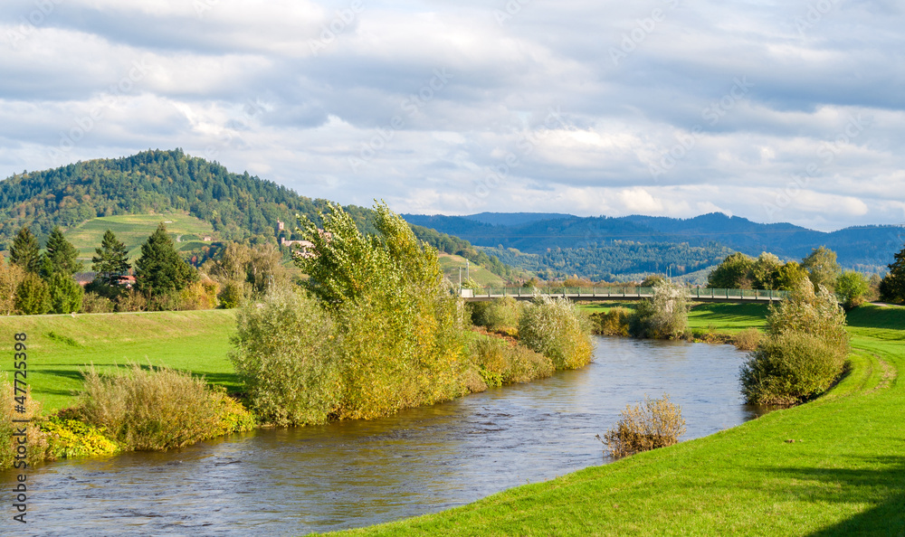 View of Kinzig river in the Black Forest mountains. Germany