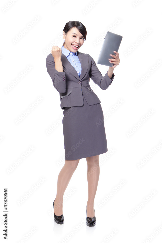 business woman excited using Tablet PC