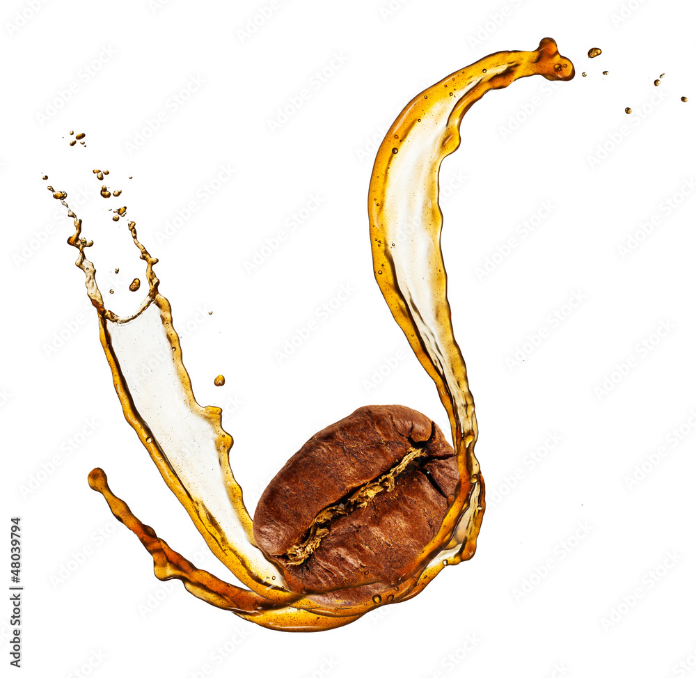 Coffee bean in splash, isolated on white background