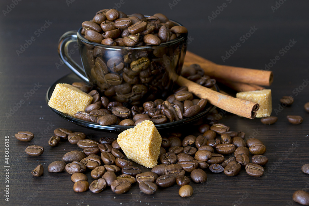 coffee beans, cup, Pots, cinnamon on dark background