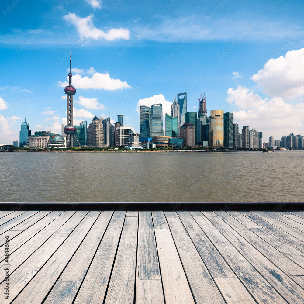 shanghai skyline with wooden floor