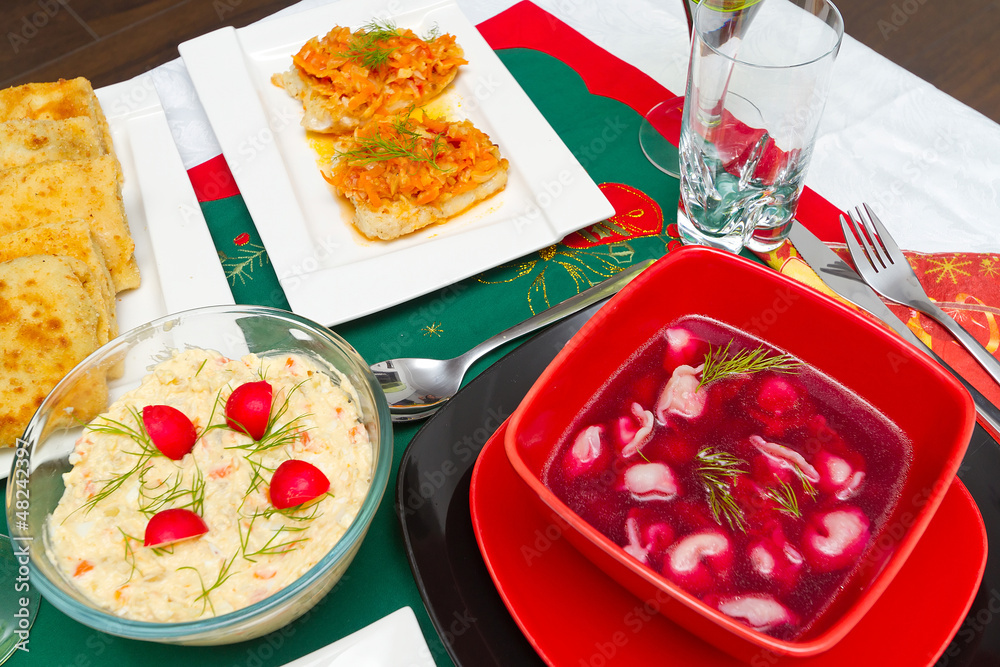 Christmas eve table with traditional polish food