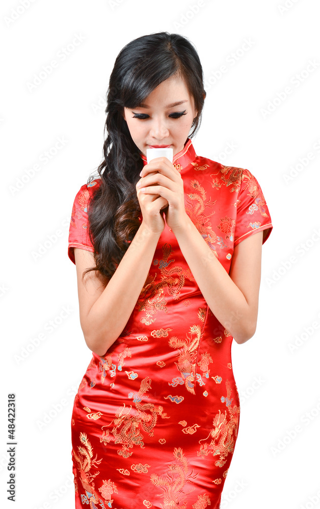 pretty women with Chinese traditional dress Cheongsam and drinki