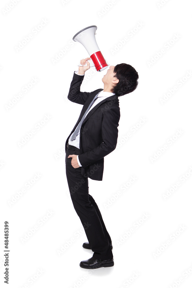 business man shouting into a megaphone