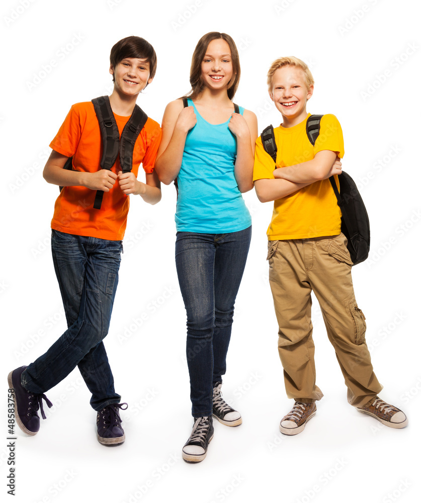 Happy teen kids with backpacks