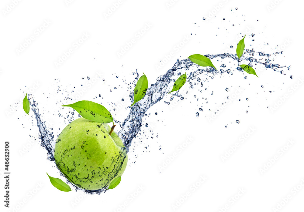  Green apple in water splash, isolated on white background