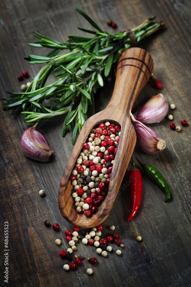 spices on a wooden board