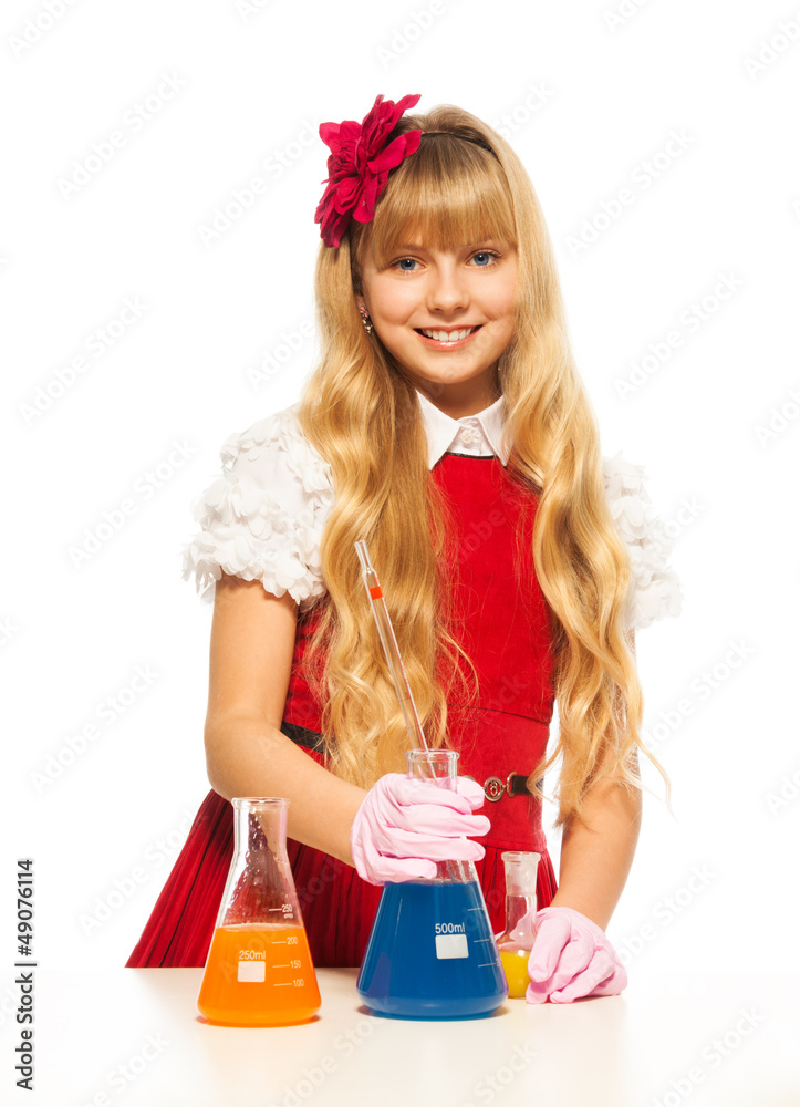 Cute blond schoolgirl in lab