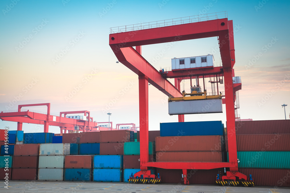 container terminal at sunrise