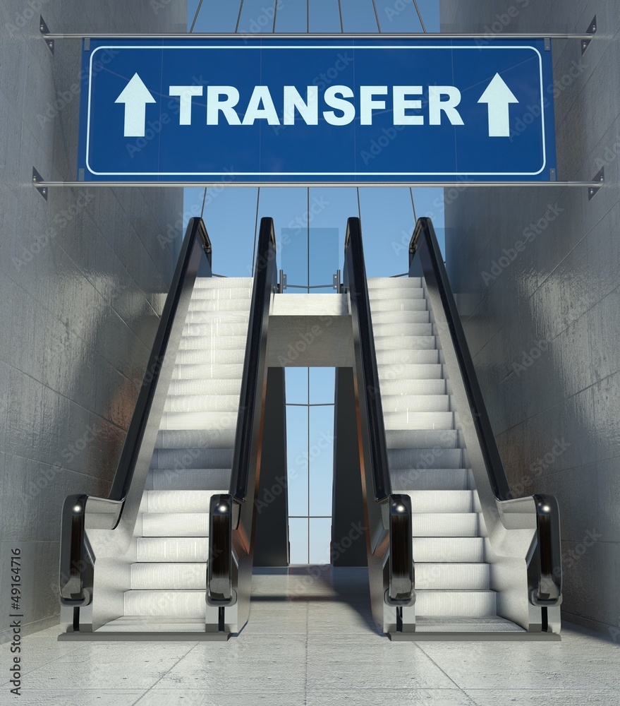 Moving escalator stairs in airport, transfer sign