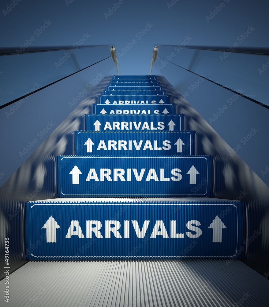 Moving escalator stairs to arrivals, airport concept