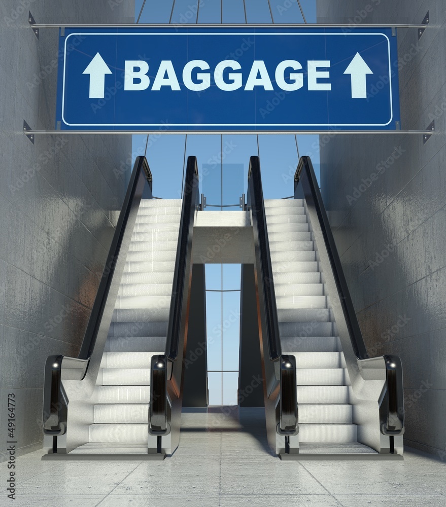 Moving escalator stairs in airport, baggage sign