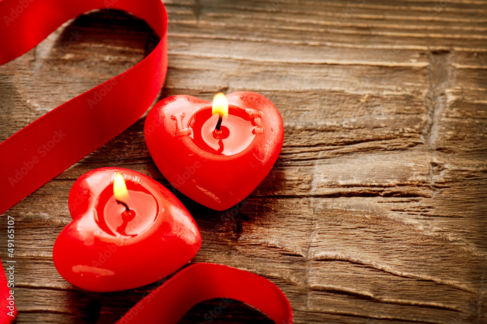 Valentines Hearts Candles over Wood. Valentines Day