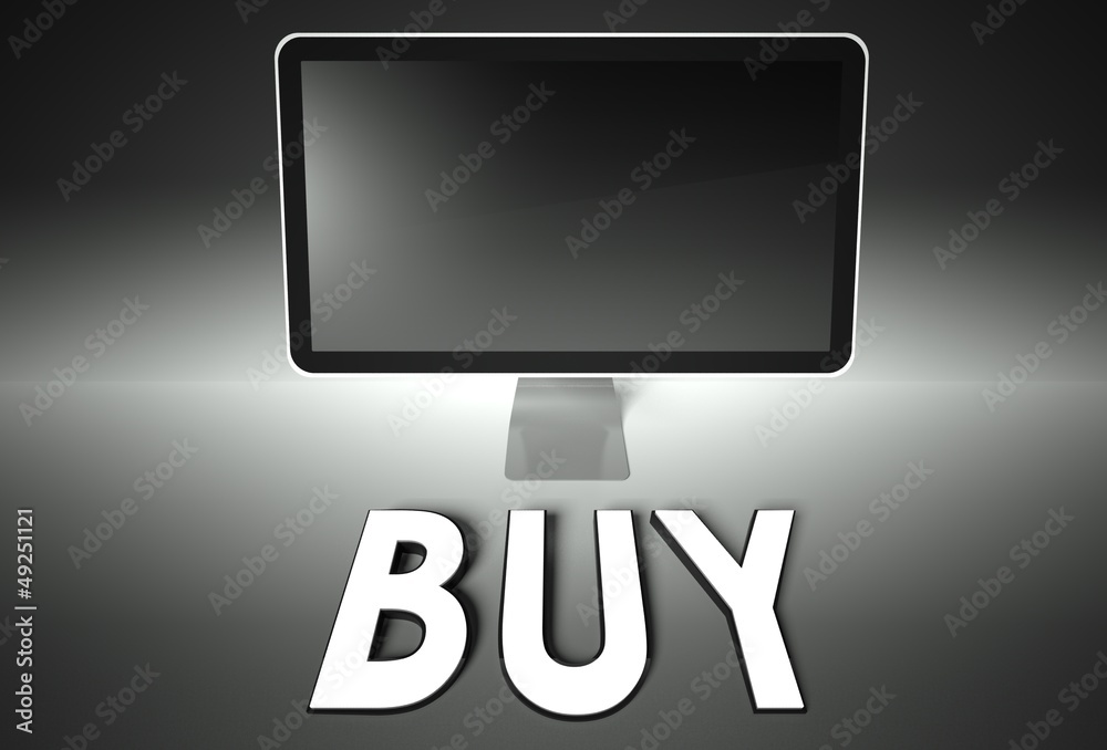 Computer blank screen with word Buy