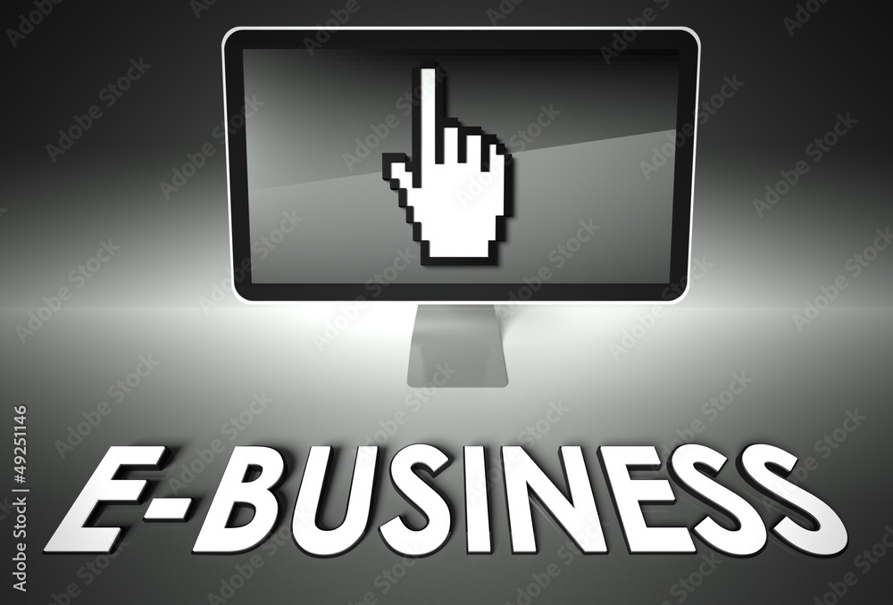 Screen and hand icon with E-business, E-commerce