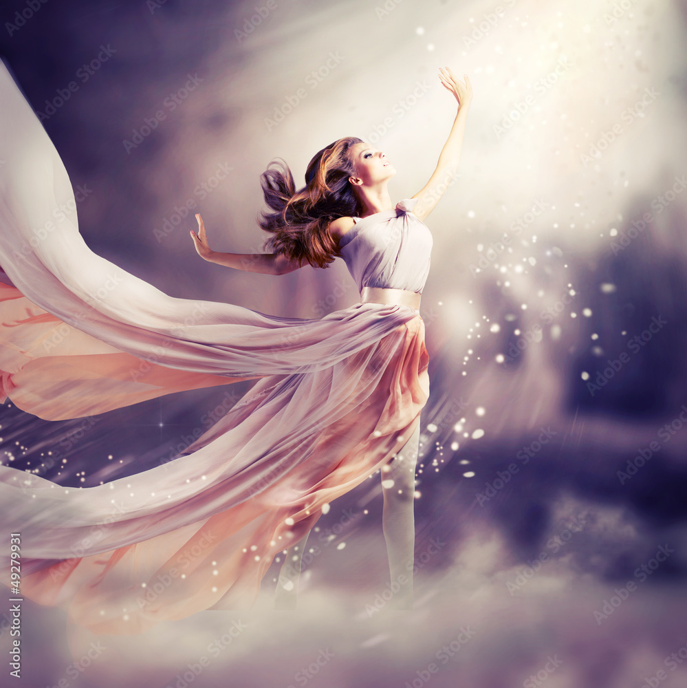 Beautiful Girl Wearing Long Chiffon Dress. Fantasy Scene