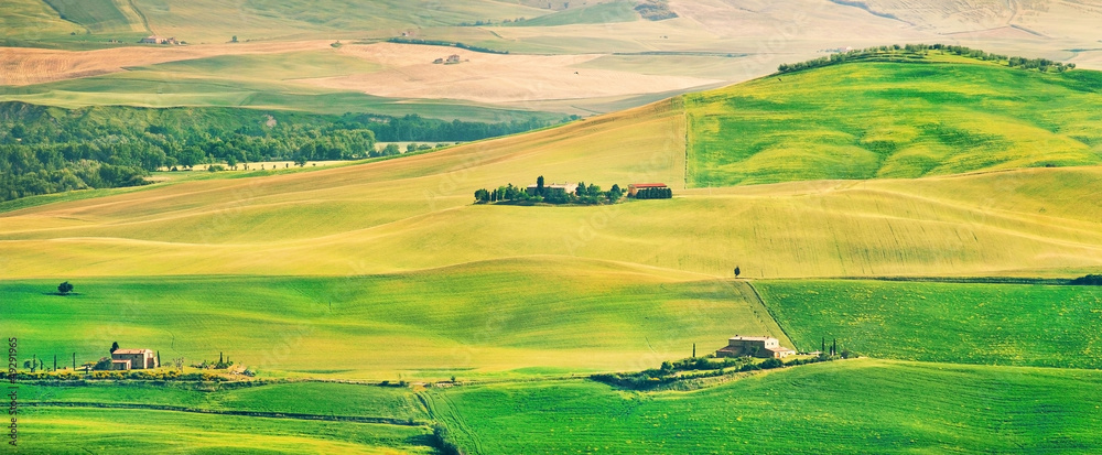 Panoramic view of Tuscany landscape at sunset