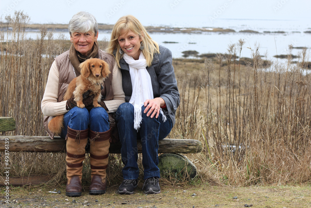 Women and dog outside