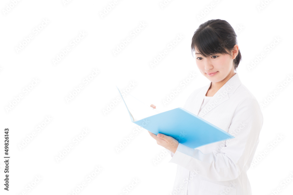 a young asian doctor on white background