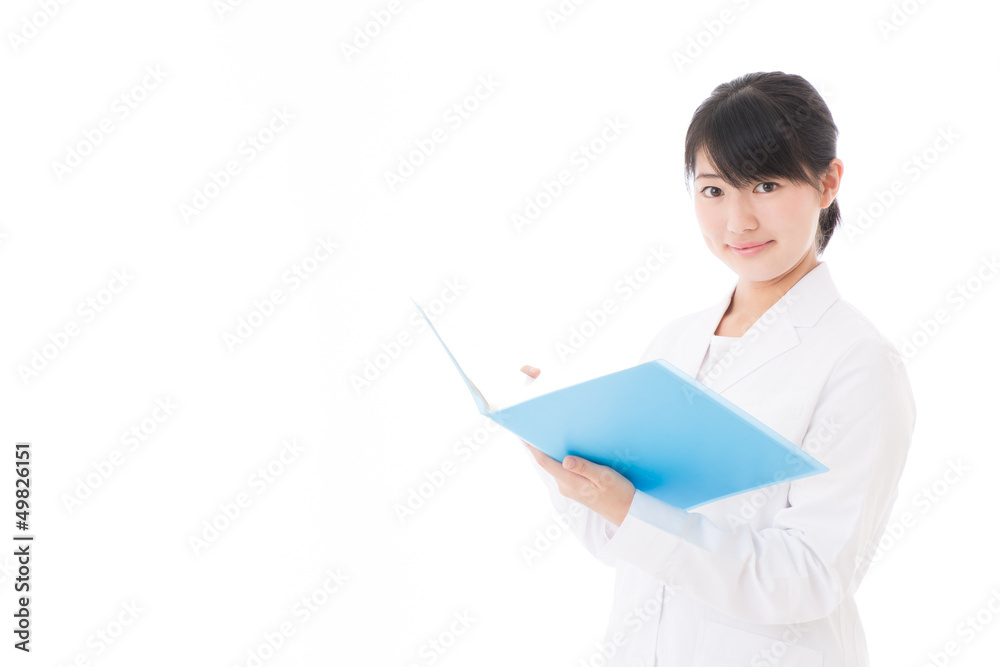 a young asian doctor on white background