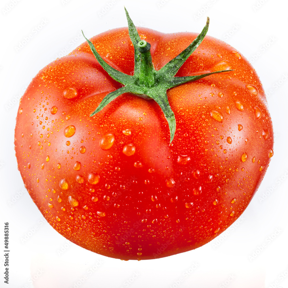 Tomato with drops isolated on white background