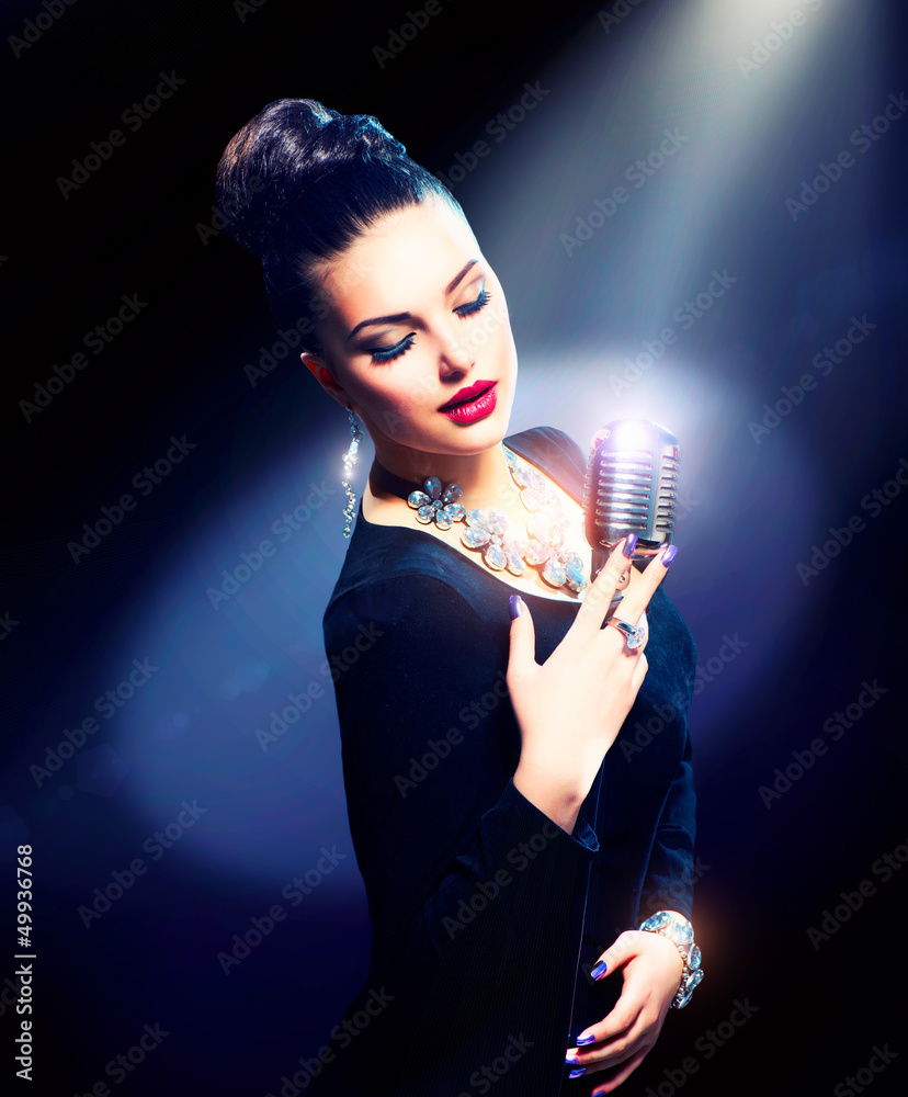 Singing Woman with Retro Microphone