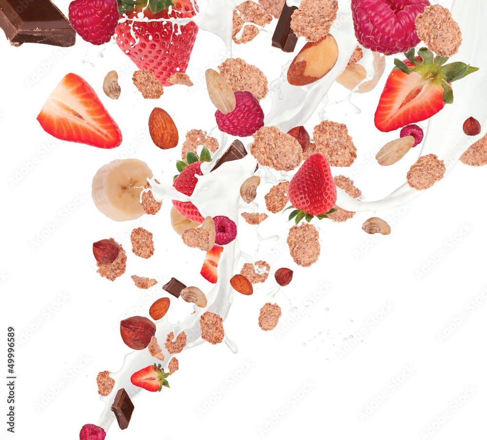 Healthy food and milk with flying cereals and fruit on white