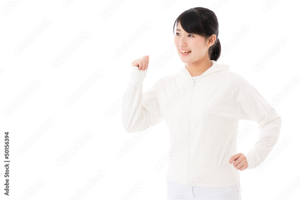 sporty asian woman on white background