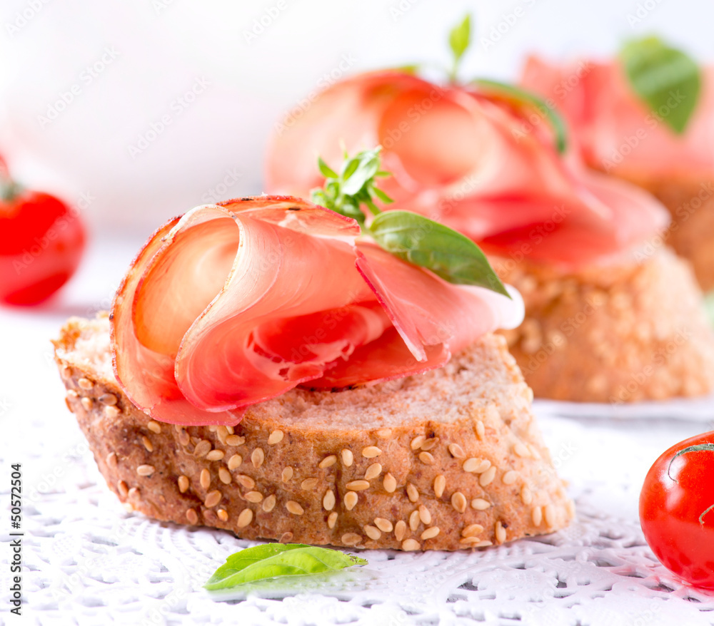 Jamon. Slices of Bread with Spanish Serrano Ham Served as Tapas