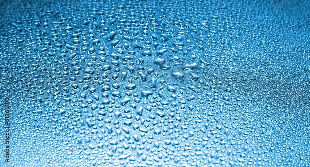 Water drops on blue background, liquid