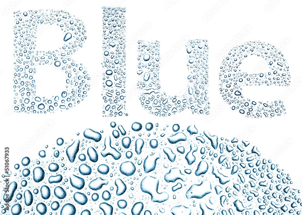 Blue made of water drops, background on white