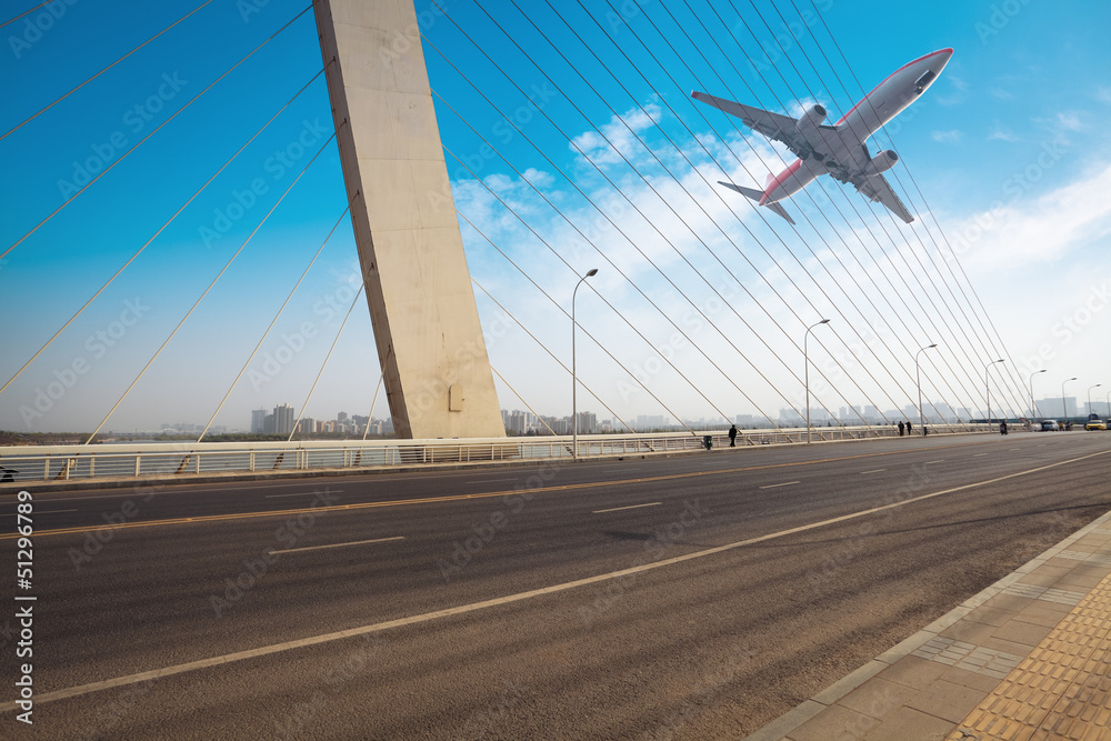 cable stayed bridge with airplane