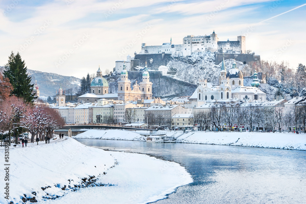 Salzburg skyline with river Salzach in winter, Austria