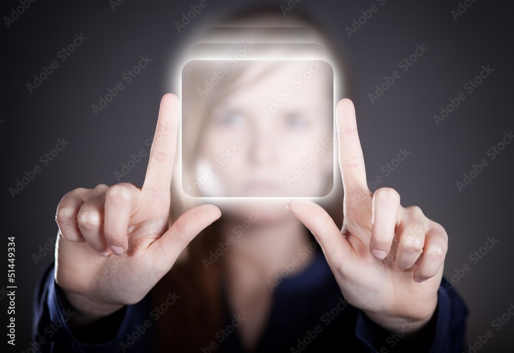 Woman two hands pointing button, touch screen