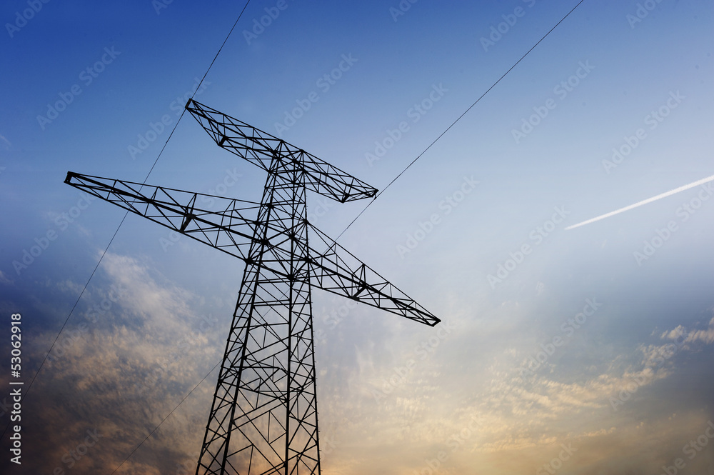 high voltage post.High-voltage tower sky background.