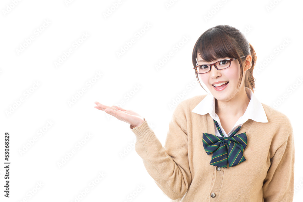 a young asian school girl showing on white background