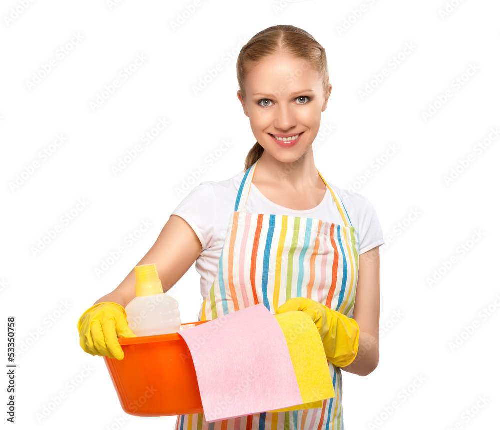 happy young housewife in glove isolated on white