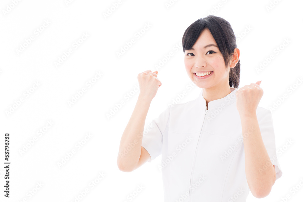 attractive asian nurse supporting on white background