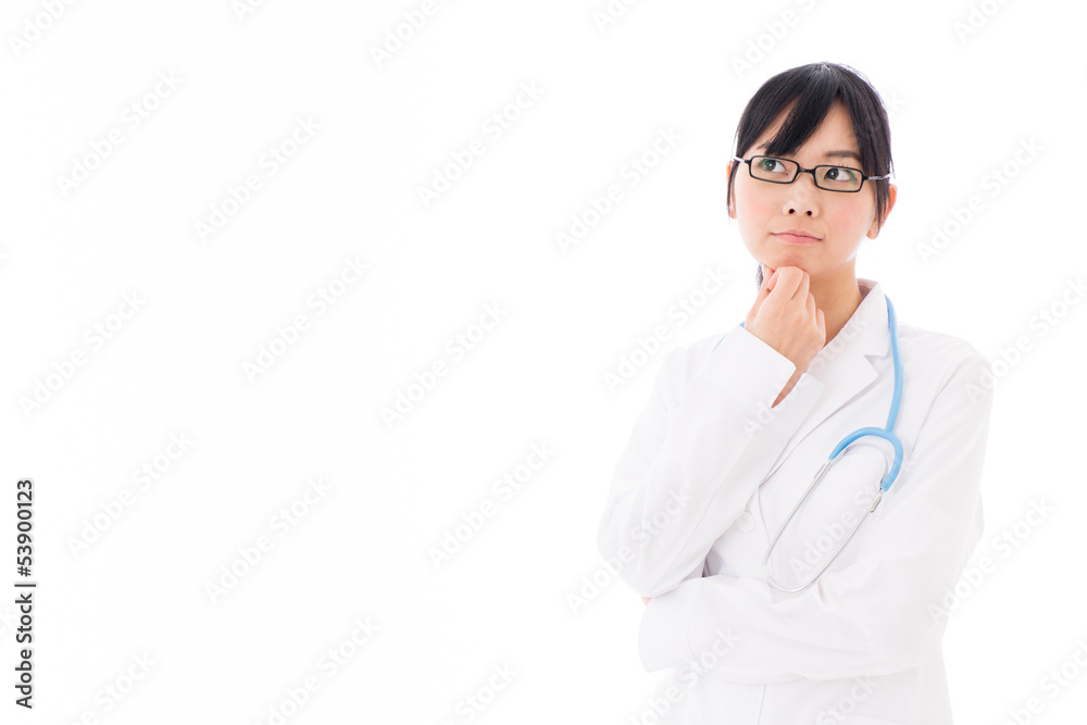 attractive asian doctor thinking on white background